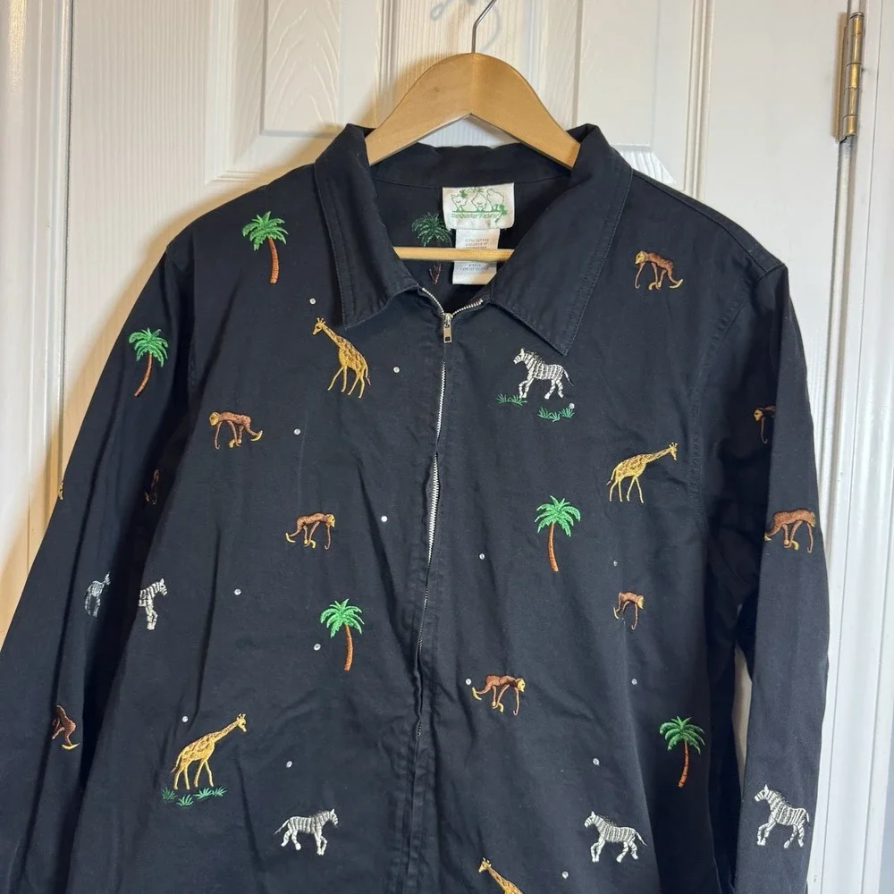 Quacker Factory Jacket XL Black Embroidery Jungle Animal Print Zoo Palm Full Zip